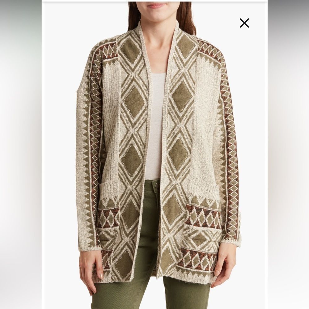 Lucky‎ Brand Jaquard Knit Open Cardigan Neutral tan and brown, NWOT Medium